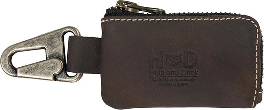 Hide & Drink, Car Key Holder Handmade from Full Grain Leather, Headphone & Charging Cables, Cash Zipper Case with Clasp (Bourbon Brown/White Stitching)