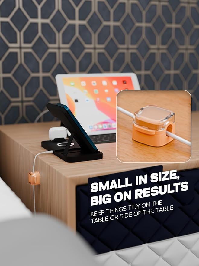 6-Pack Magnetic Cord Holder, Cord Holder with Strong Magnetic Lid, Holds Cables Firmly, 7 mm Charger Holder & HDMI Cord Organizer Clips, Strong Adhesive Pad (Orange)