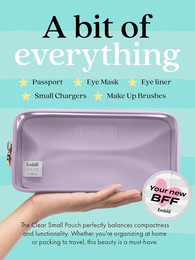 Embla Medium Clear Makeup Bag Travel for Toiletries Cute Make Up Nylon Organizer Pouches Quart Size Cosmetic Bags for Women Girls Zipper Toiletry Skincare Pouch Organizer for Purse Lavender