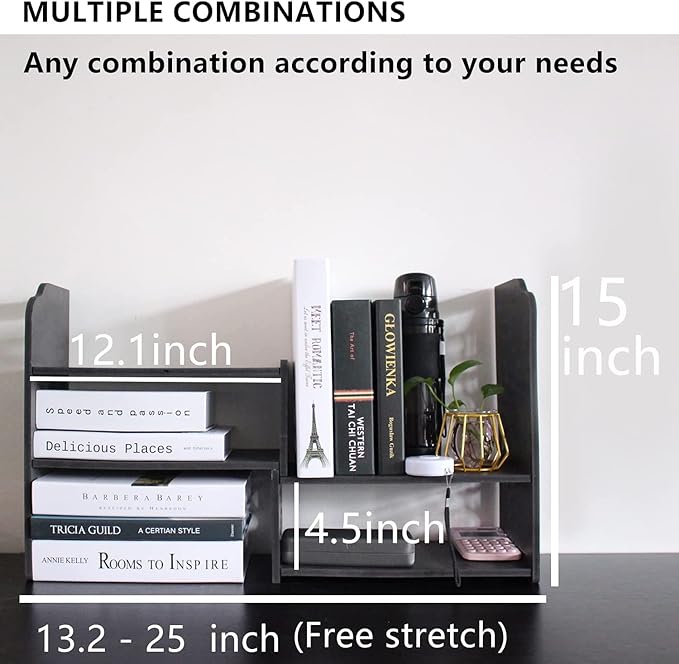 YGYQZ Adjustable PVC Desktop Organizer Storage Rack - Black Desk Shelf for Office, Women, Dormitory & Home Decor