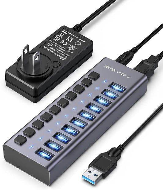 Powered USB 3.2 Hub, ACASIS 10 Ports USB 3.2 Hub with 10Gbps Data Speed, Aluminum Housing, USB Hub Powered with 48W Power Adapter, USB Hub for PC/Laptop, Computer, Flash Drive, Printer, Camera