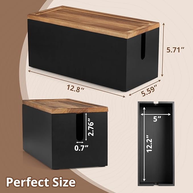 Wood Cable Management Box - Cable Organizer Box - 2 Open Slots Cords Hider Box - Under Desk Cord Organizer for Power Strip Extension Cord Surge Protector Charger Wire, Black