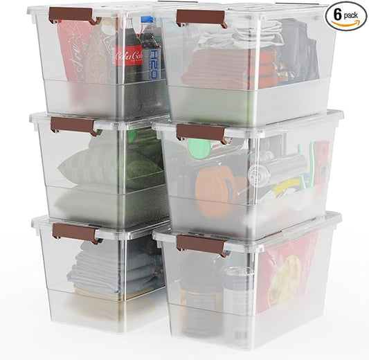 WYT 32 Qt Plastic Clear Storage Bin with Durable Lids and Latching Buckle, 6-Pack Tote Organizing Box Stackable and Nestable