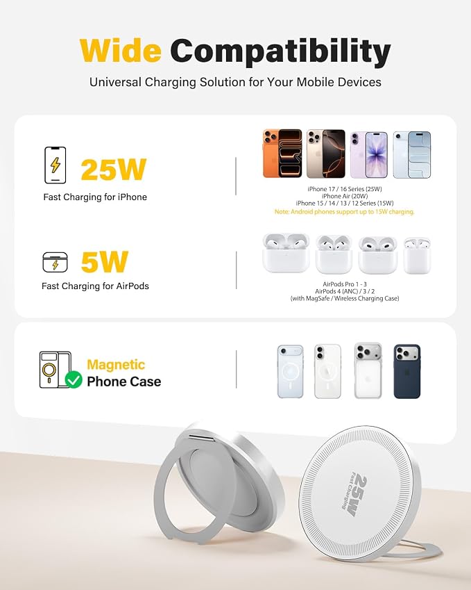 Magnetic Wireless iPhone Charger Fast Phone Charger with Kickstand, 6.6FT 25W Fast Phone Charging Pad Wireless Magnetic Charge for iPhone 17/17Air/16 Pro Max/16 Plus/15 Pro Max White