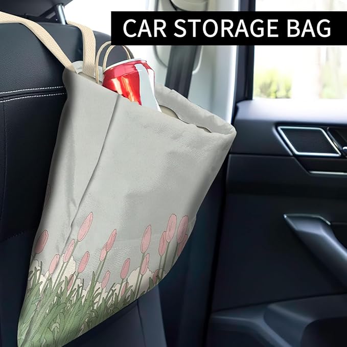 Car Trash Can, Cute Car Trash Bag, Hanging Car Organizer and Storage Bag, Trash Bin for Car Accessories, Vehicle, Travelling, Camping Cute Pink Grass