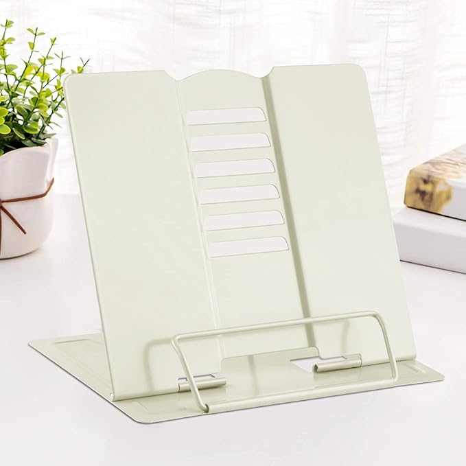 MSDADA Book Stand Metal Reading Rest Book Holder Adjustable Cookbook Documents Holder Portable Sturdy Bookstands for Recipes Textbooks Tablet Music Books with Page Clips Gifts for Girls (Milky White)