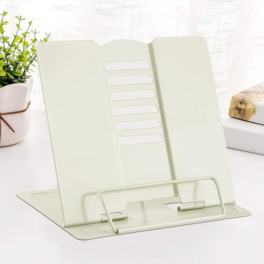 MSDADA Book Stand Metal Reading Rest Book Holder Adjustable Cookbook Documents Holder Portable Sturdy Bookstands for Recipes Textbooks Tablet Music Books with Page Clips Gifts for Girls (Milky White)