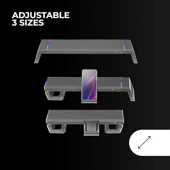 Mars Gaming MGS-ONE Black, Chroma RGB Monitor Stand, Adjustable Size, Smartphone and Tablet Stand, Front USB 2.0