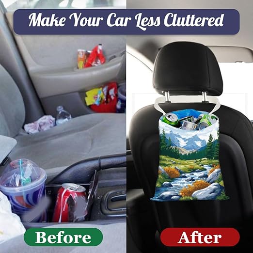 Mountain Forest River View Car Trash Bag Portable Hanging Garbage Bag with Snap Buttons Back Seat Rubbish Storage Dustbin for Women Man Car Interior Accessories Kitchen Home Travel