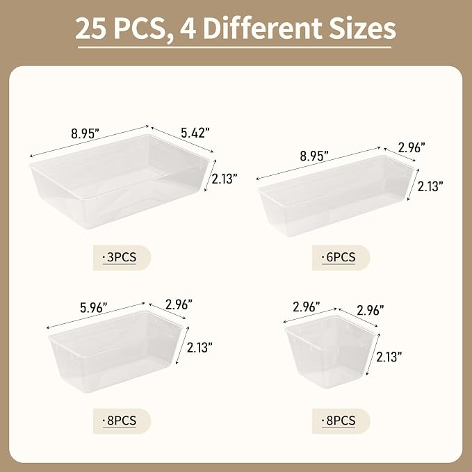 Yanosaku 25 PCS Clear Plastic Drawer Organizer Set, 4 Sizes Vanity Organizers, Desk Drawer Divider Organizers and Storage Bins for Makeup, Jewelry, Gadgets for Kitchen, Bathroom, Office