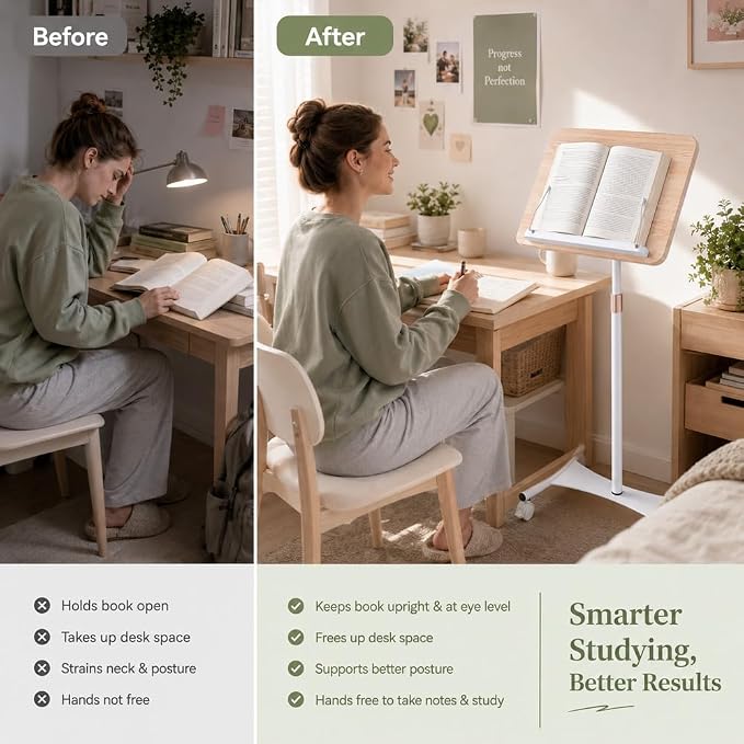 Rolling Floor Book Stand with Wheels, Reading Stand Book Holder | 16.5 x 11.8 in large panel | 19–57 in height adjustable| 360° angle | Lockable wheels | For books, sheet music, laptop