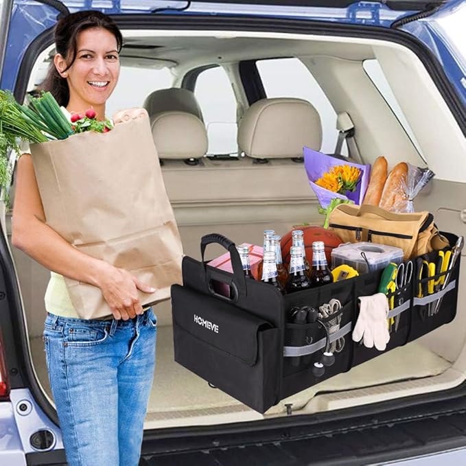 Homeve Trunk Organizer, Car Storage, Reinforced Handles, Collapsible Multi-Compartment, Foldable, Waterproof, Sturdy, 600D Oxford Polyester For Car, SUV, Mini-Van, Black, 3 Compart