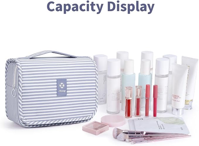 Narwey Small Hanging Toiletry Bag for Travel Women Girl, Striped Toiletries Travel Bag with Hook, Hanging Makeup Bag Organizer Make Up Cosmetic Bags, Gifts for Kids Teen (Greyish Blue Stripe)