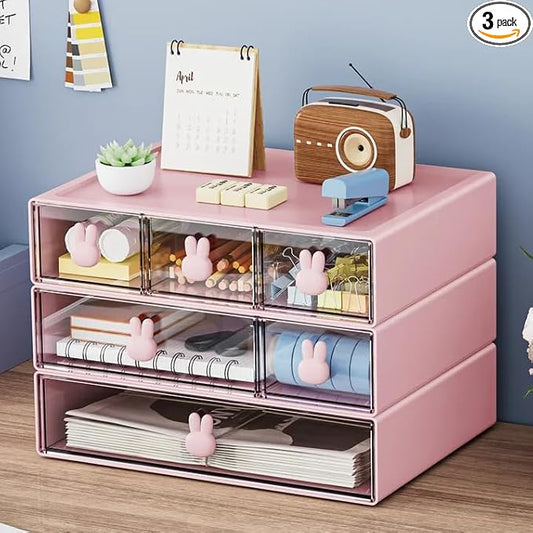 Marbrasse Desk Organizer with 6 Drawers, 3 Tier Stackable Storage Drawers Plastic Makeup Storage, Office Organizers and Storage, Desk Storage Box for Office, School, Home Pink