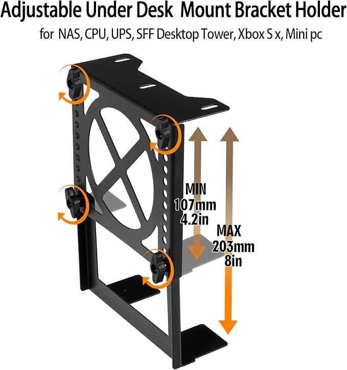 Adjustable Under Desk Mini PC Mount Bracket Holder for PCS or NAS,Heavy-Duty Adjustable Under Desk Mount for Desktop NAS 1/2/4(Network Attached Storage),CPU,Mini PC,UPS,SFF Desktop Tower,Xbox Series X