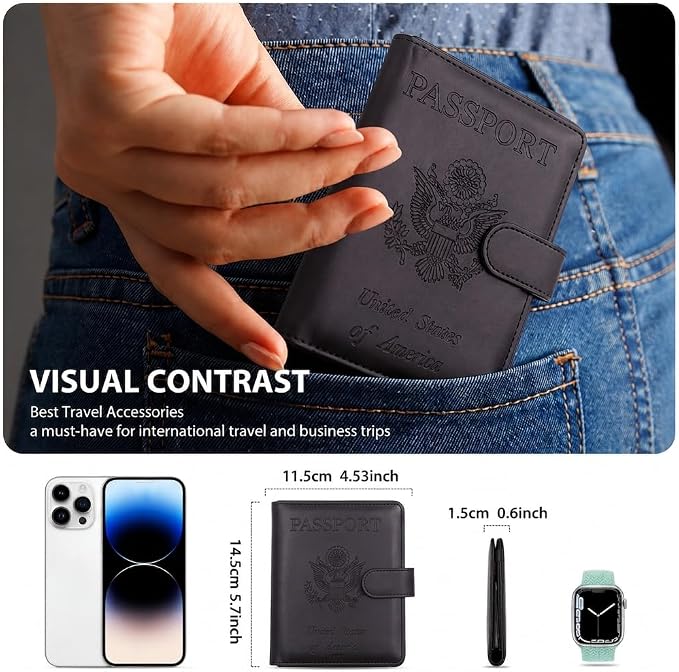 Passport Holder with RFID Blocking Leather Travel Wallet | Multiple Card Compartments, SIM Card Access, Compact Carry Design, Flight Ready Essentials for Men & Women, Black