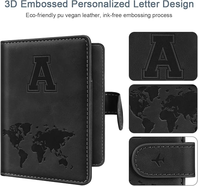 Initial A Passport Holder Cover Personalized Letter A-Z Travel Wallet RFID Blocking Passport Cover Credit Card Holder Case Passport Book Holders for Women and Men, Black-A