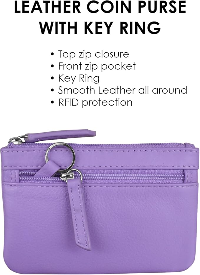 ili New York Mini Leather Coin Purse, Compact Genuine Leather Pouch with Key Ring & RFID Protection, Used for Coins, Keys and Cards, Ideal for Travel and Everyday Carry, Amethys