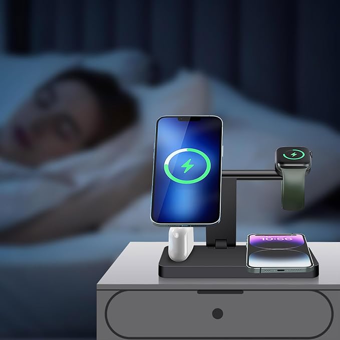 4 in 1 Wireless Charging Station, 15W Fast Wireless Charger for Mag-Safe Magnetic Charging Stand for iPhone 17 Pro Max/17 Air/16 Pro/16 Plus/15/14/13/12 mini,AirPods Pro,Apple Watch Series,Black
