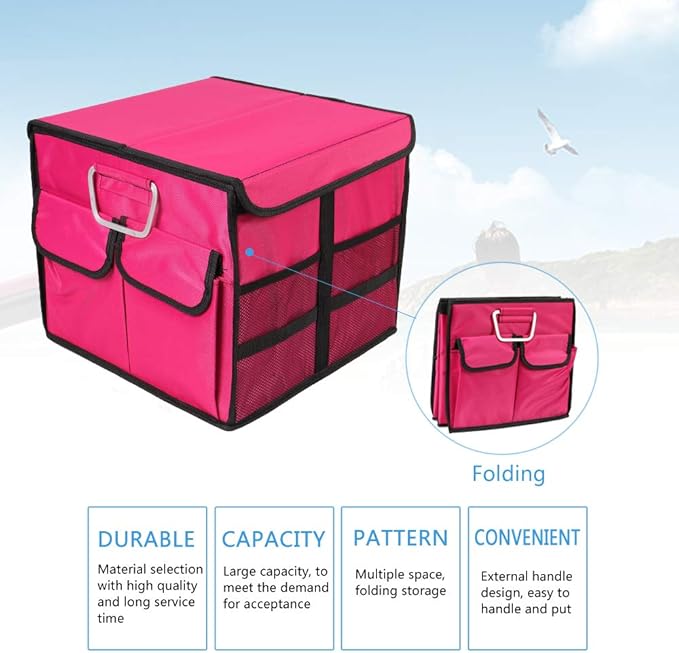 Car Trunk Organizer Collapsible Portable Multi Compartments Organizer with Non Slip Straps for SUV Truck Auto Vehicle Car Auto Minivan (Small covered, Rose red)
