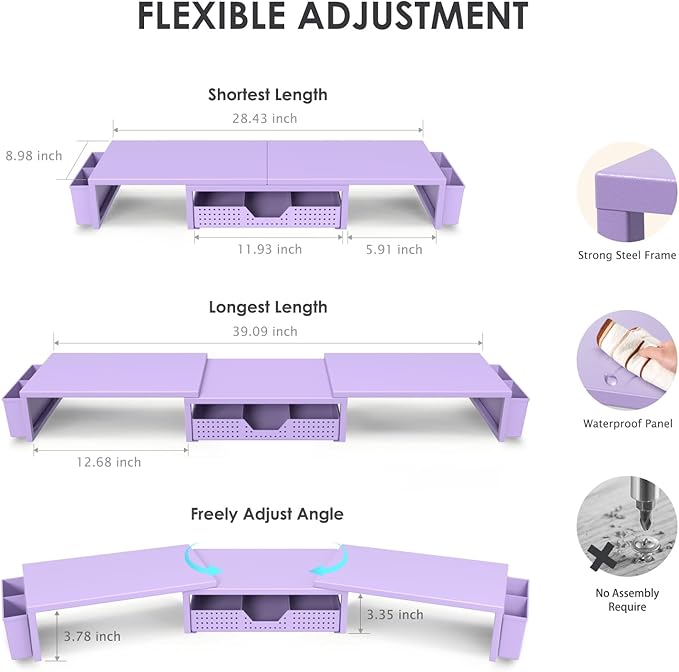 OPNICE Desk Organizers and Accessories, Dual Computer Monitor Stand Riser with Drawer and 2 Pen Holders, Office Desk Accessories, Workspace Desktop Organization for Office Supplies (Purple Metal )
