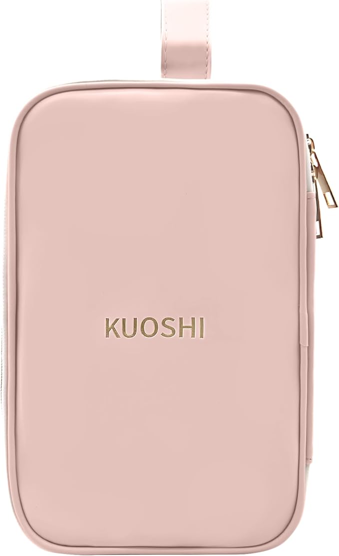 Travel Makeup Bag for Women, Large Capacity Waterproof Cosmetic Organizer with Divider & Handle, Portable Open Flat Toiletry Pouch for Travel Accessories (Pink)