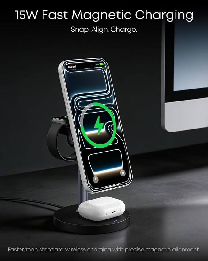 3 in 1 Magnetic Wireless Charging Station, 15W Fast Charger Stand for iPhone, Phone Charger Stand for Desk Nightstand, for iPhone 17/16/15/14/13/12, Apple Watch & AirPods, 18W Adapter Included -Black