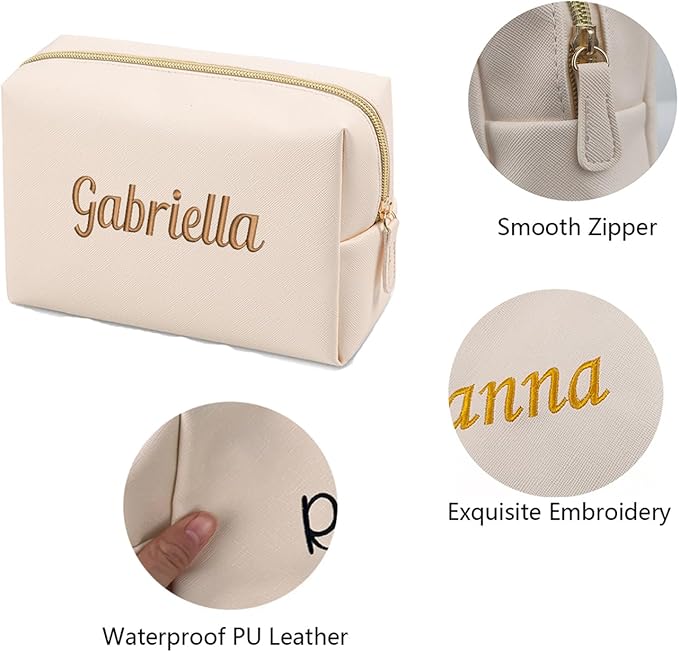 GOPHIE Cusotom Embroidery Travel Makeup Bag Organizer,Cosmetic Bags for Women,Gift For Bachelorette Party,Set of 3,Beige