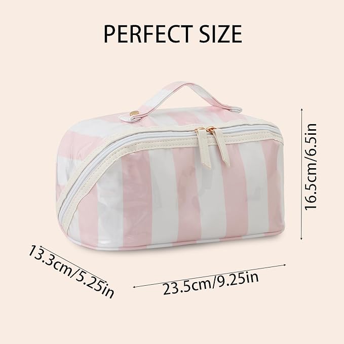 DYSHAYEN Stripe Travel Makeup Bag with Compartments Clear Coated Cosmetic Bag for Women, Waterproof Portable Open Flat Toiletry bag （White-Pink）