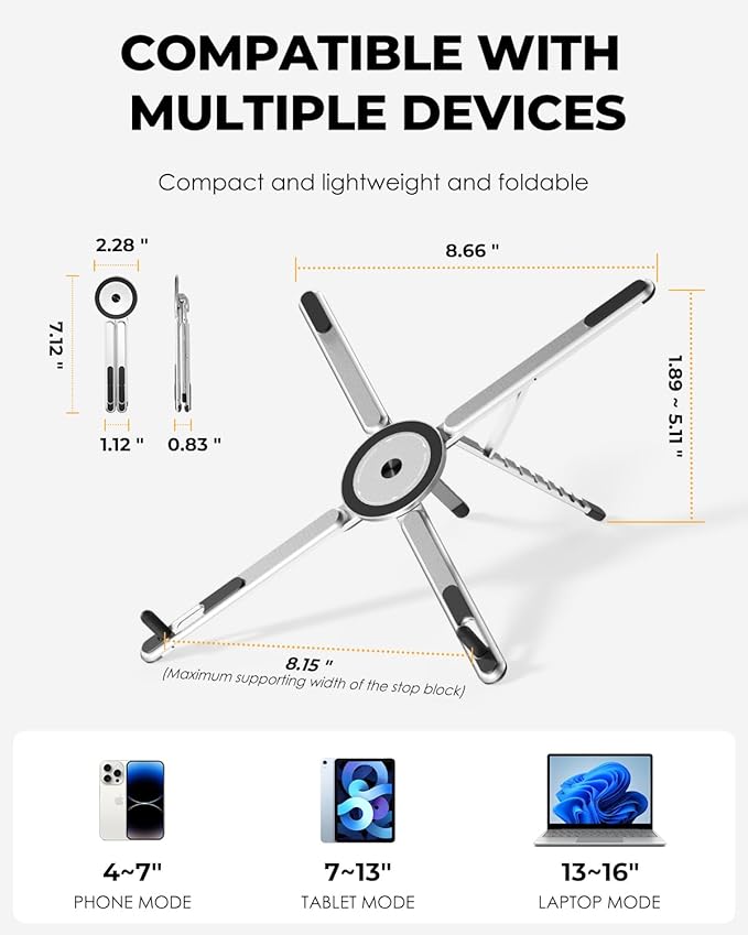 SupeDesk Adjustable Laptop Stand, 3-in-1 Magnetic Foldable Stand for Laptop, Tablet & Phone, Portable Aluminum Laptop Riser with Multi-Angle Support for Desk, Home & Travel