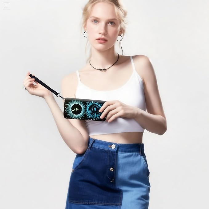 RFID-Blocking Zip Around Wallets for Women with Detachable Wrist Strap,Large Capacity Phone Holder with Card Organizer & Coin Pocket,Sun Moon