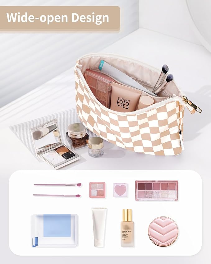Narwey Small Checkered Makeup Bag for Purse Small Cosmetic Bag Women Travel Makeup Pouch Zipper Pouch (Light Checkerboard)