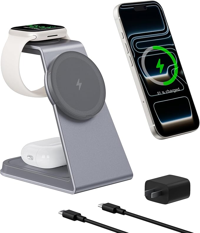 Wireless Charging Station for Apple Magsafe Charger Stand,3 in 1 Qi2 Certified 15W Fast Magnetic Wireless Charger Station for iPhone 17 Air 16 15 14 13 12 Series,Airpods Pro,Apple Watch Ultra