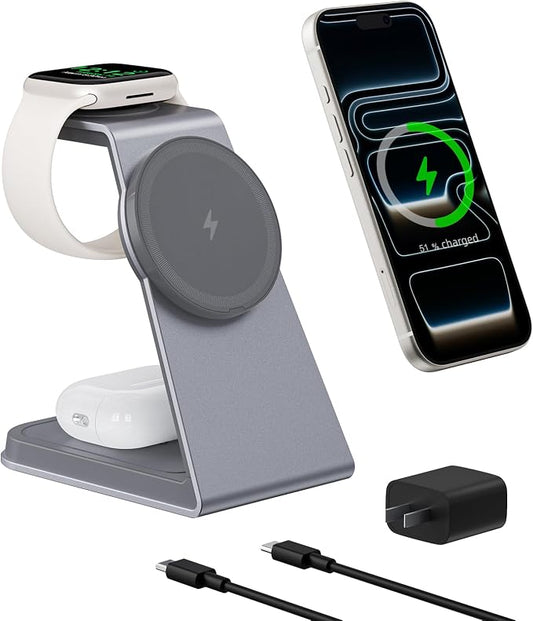 Wireless Charging Station for Apple Magsafe Charger Stand,3 in 1 Qi2 Certified 15W Fast Magnetic Wireless Charger Station for iPhone 17 Air 16 15 14 13 12 Series,Airpods Pro,Apple Watch Ultra