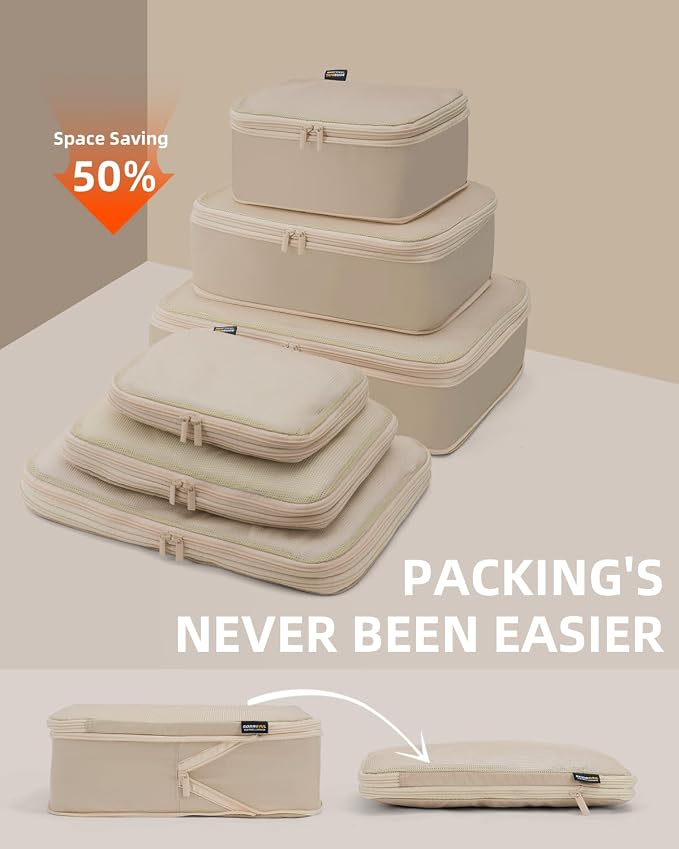 Compression Packing Cubes for Travel, 6-Piece Set (Large/Medium/Small), Double-Zip Luggage Organizers for Suitcase & Carry-On, Clothes Storage Bags (Classic Khaki, 6 Pack)