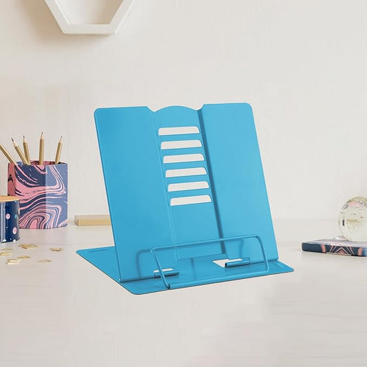 MSDADA Small Desk Book Stand Metal Reading Rest Book Holder Adjustable Cookbook Documents Holder Portable Sturdy Bookstands for Recipes Textbooks Tablet Music Books(Sky Blue