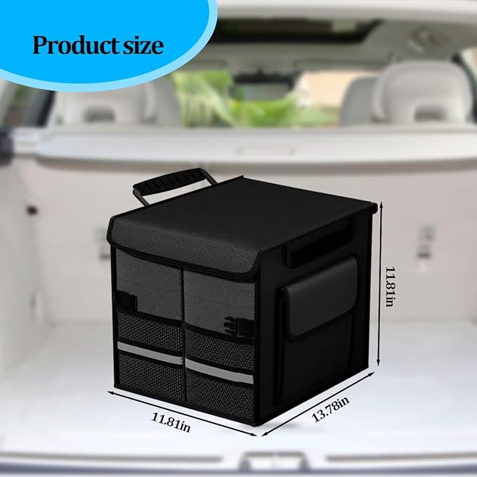 HZEL Car Trunk Organizer with Lid, Foldable Slip Resistant Multi-Compartment Vehicle Cargo Storage Box, Collapsible Waterproof Automotive Trunk Organizer, Universal for SUV Van Truck (Black)