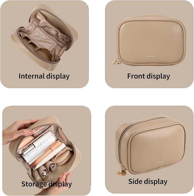 RIGHT AWAY Small Makeup Bag for Purse,Travel Cosmetic Bag Organizer for Women,Cute Make Up Pouch Waterproof Toiletry Bag with Zipper,Portable Makeup Case Skincare Bag for Travel Accessories(Khaki)
