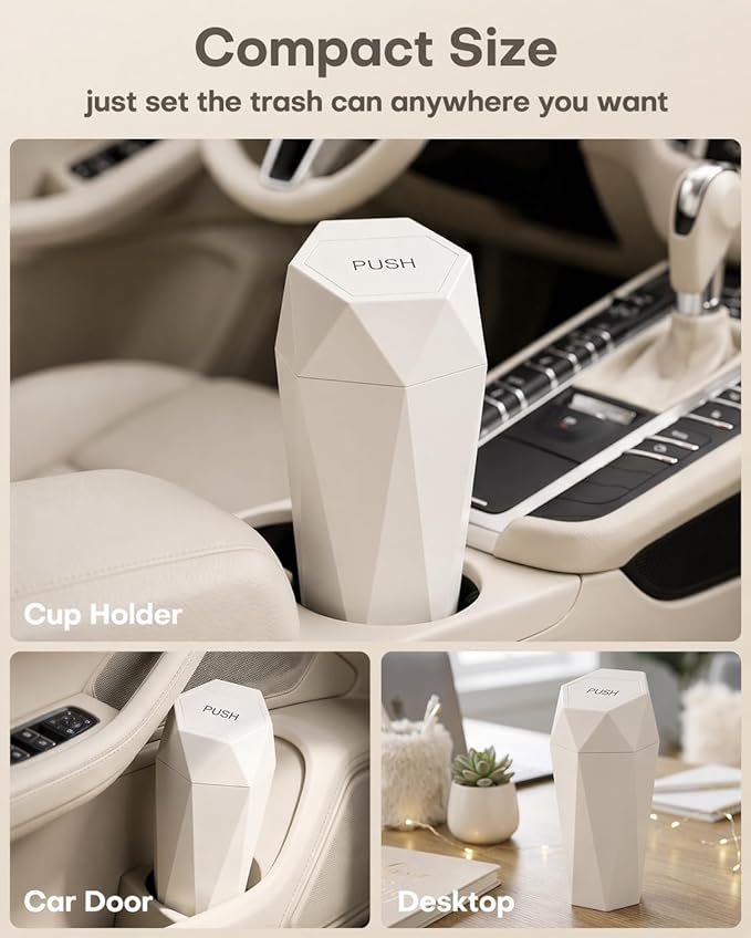 HOTOR Car Trash Can with Lid - 1 Pack, Car Accessories for Interior, Leakproof Vehicle Garbage Can with 15 Attached Trash Bags, Multipurpose Organizers and Storage for Home, Office, Beige