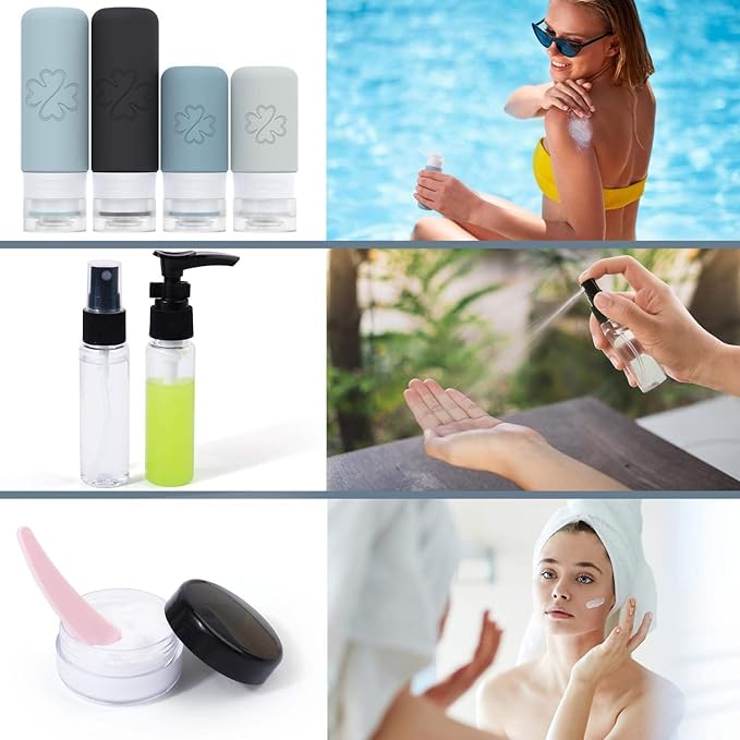 18 Pack TSA Approved Travel Bottles for Toiletries – Leak Proof Silicone Refillable Containers Set with Toiletry Bag, Squeeze Bottles, Spray Bottles & Cream Jars for Shampoo, Conditioner & Lotion