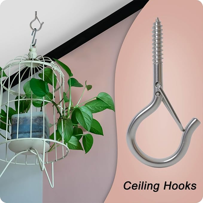 Black Screw Hooks with Safety Lock 2.3" Rustproof Metal Ceiling Hooks for Hanging Plants, Baskets,String Lights & Outdoor Decor, 40LB Capacity (30, Silver)