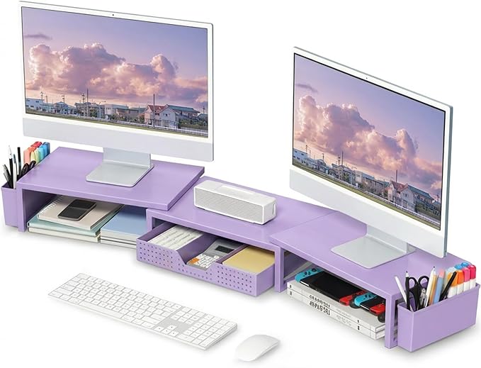 OPNICE Desk Organizers and Accessories, Dual Computer Monitor Stand Riser with Drawer and 2 Pen Holders, Office Desk Accessories, Workspace Desktop Organization for Office Supplies (Purple Metal )