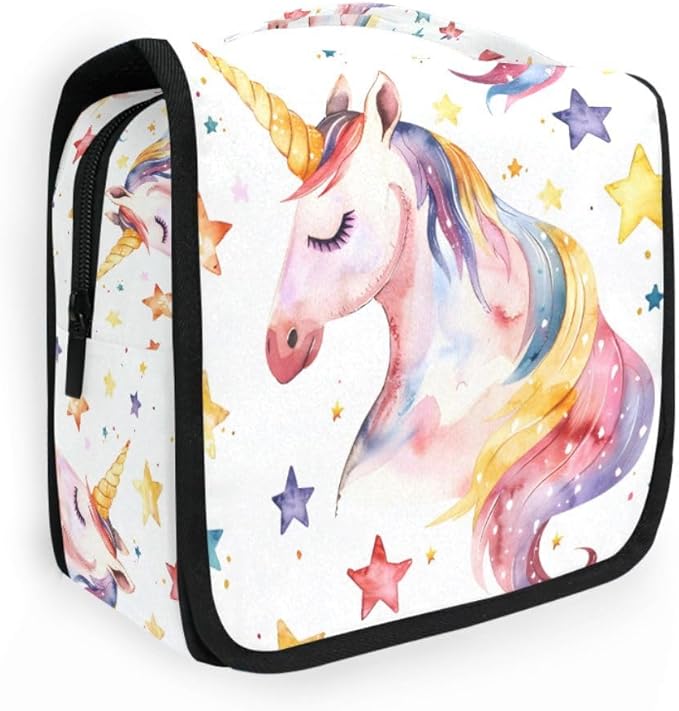 senya Hanging Travel Toiletry Bag Cute Kit Makeup Case Cosmetics Organizer for Men Women (Unicorns Face Pale Yellow Stars)