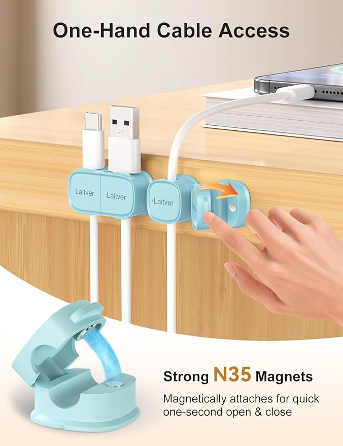 6 Pack Magnetic Cable Clips [1s Open/Lock], Laitver Cord Organizer Holder Strong Adhesive Desk Cable Management- Organize Charging Cords Neatly for Home, Office, Car,Desk, Nightstand-Blue