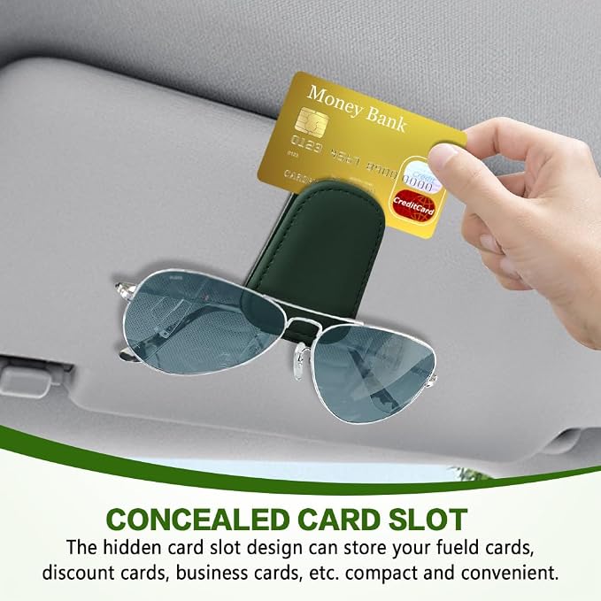 Sunglass Holder for Car, Sunglasses Clip for Car Visor, Magnetic Leather Vehicle Eyeglass Hanger Clip, Auto Ticket Card Glasses Organizer Clamp Accessories for SUV Sedan (Dark Green)