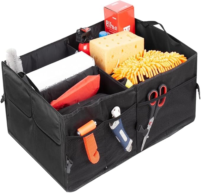 Car Trunk Organizer, Large Capacity Collapsible Multi-Compartment Vehicle Trunk Storage Organizer, Foldable Auto Rear Seat Organization Box for Cargo Grocery, Universal for Vehicles (Black)