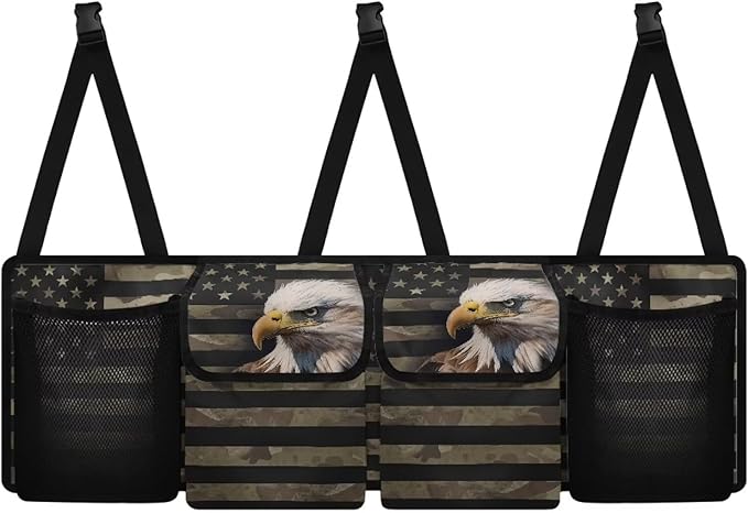 USA Flag Bald Eagle Car Trunk Organizer for Women Men Car Back Seat Hanging Storage Bag Collapsible Auto Cargo Bag with 4 Large Pockets Auto Interior Accessories
