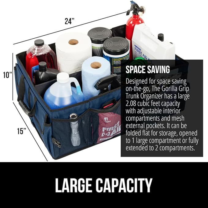 GORILLA GRIP Large Capacity Sturdy Trunk Storage Organizer, Slip and Water Resistant Collapsible Organization Container for Car Sedan or SUV, Multi Compartment Box Vehicle Accessories, Blue