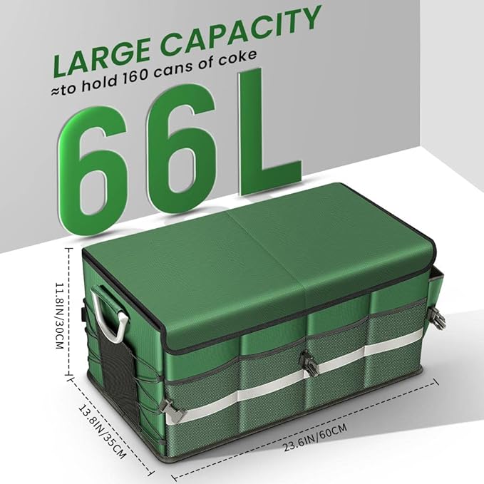 WINHUNT Car Trunk Organizer, Car Storage Organizer with Waterproof Bag Collapsible Multi Compartment Organizer for Car, Suv, Sedan, Truck, Aluminium Handle (Green, Large 66L)