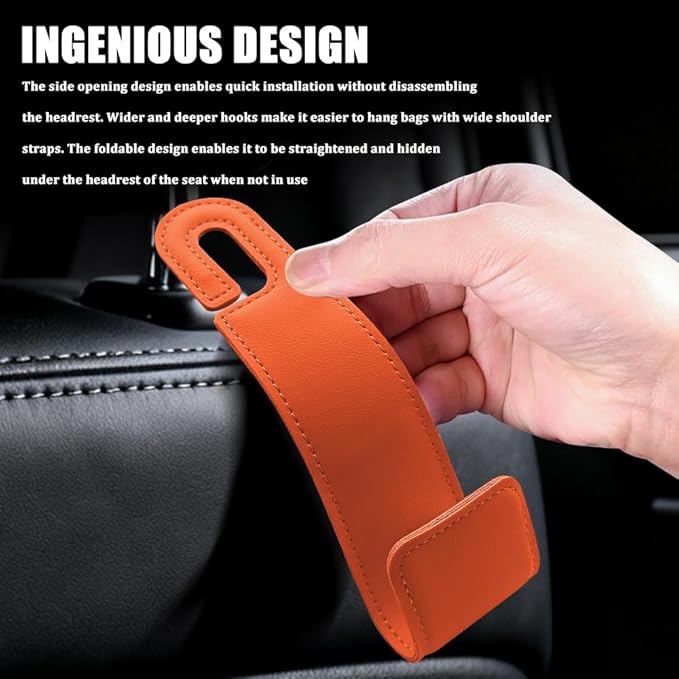2PCS Car Seat Headrest Hooks, Purse Hook for Car, Automotive Headrest Handbags Holder, Auto Accessories Leather Seatback Organizer Hanger for Hanging Purses Bags Coats (Orange, 2PCS)